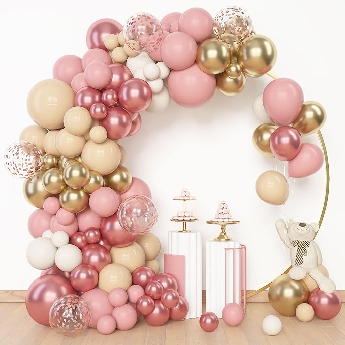 Amandir 153Pcs Boho Blush Balloon Garland Arch Kit, Double-Stuffed Nude Cream Peach Dusty Rose Pink Gold Confetti Metallic Balloon for Valentines Day Baby Shower Birthday Party Wedding Decorations