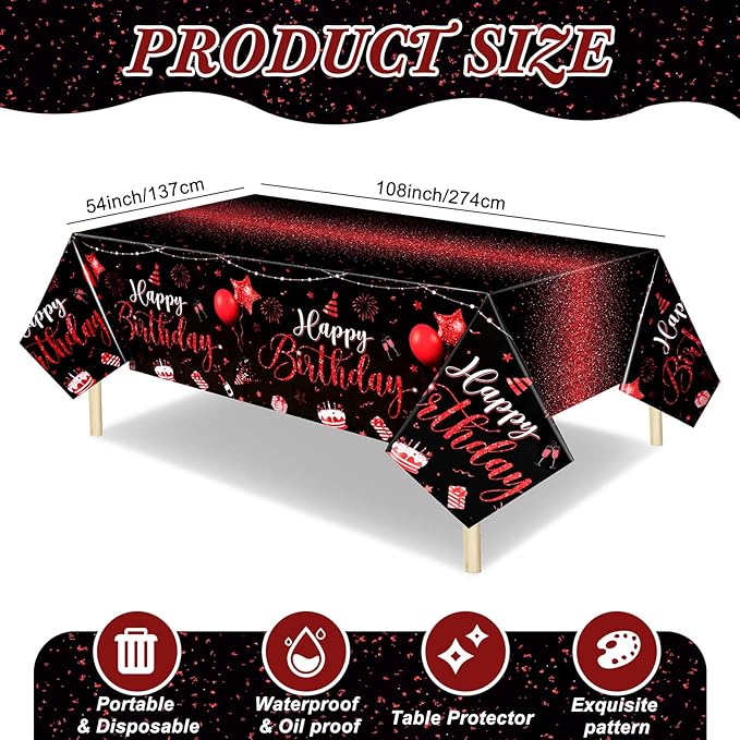Tudomro 6 Pcs Happy Birthday Tablecloths Happy Birthday Party Decorations Plastic Table Cover Rectangular Cloths for Women Men Baby Shower Party Supplies, 108 x 54 Inch (Black Red)