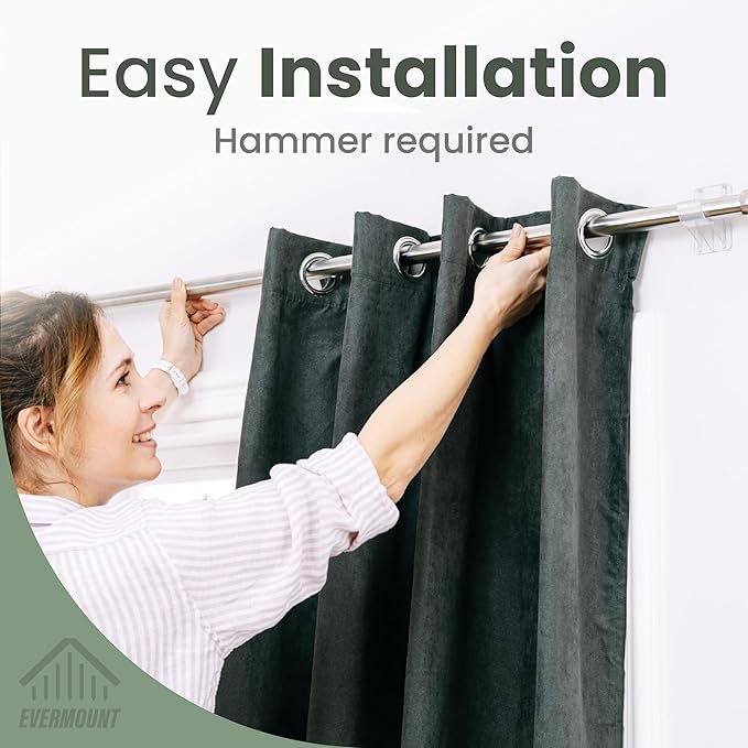 No Adhesive Heavy Duty Curtain Rod Holders with Wide Hook, 5X Stronger Than Adhesive Curtain Rod Hooks, Tension Curtain Rod Bracket for Wall with Pin Guide, Curtain Wall Mount (4 Pack, for 1.25" Rods)