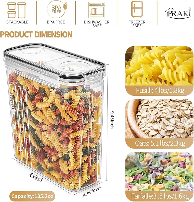 PRAKI Cereal Containers Storage Set (4L,135.2 Oz), 4PCS Airtight Food Storage Containers with Pour Spout for Kitchen & Pantry Organization Cereal Dispensers with 20 labels, Measuring Cup & Marker