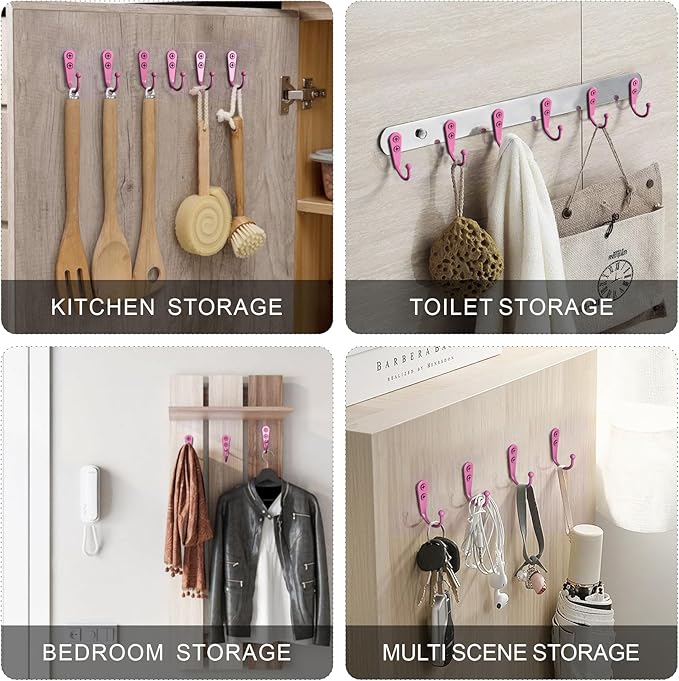 15-Pack Coat Hooks with 30 Screws | Heavy Duty Wall Mounted for Robe, Backpack & Keys | Entryway, Bathroom, Bedroom Hanging Hardware (Pastel Pink)