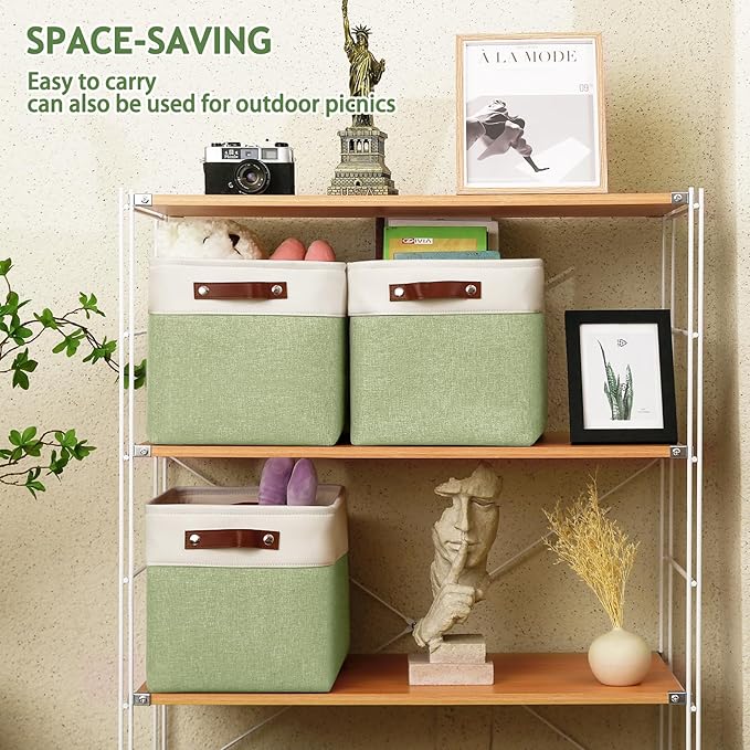 Patvingot 4-Pack Foldable Fabric Storage Cubes 11x11 Inch, Sturdy Cube Organizer Bins with Leather Handles, Storage Baskets for Closet Shelves and Home Organization (White/Green)