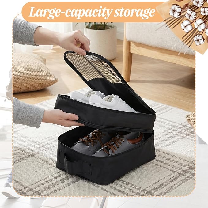 2 PCS Shoe Travel Bag, Shoes Bag Portable Shoe Packing Cubes 2 Layers Holds 3 Pair of Shoes Visual Waterproof Travel Luggage with Trolley Sleeve and Zipper for Business Trip Storage-Black