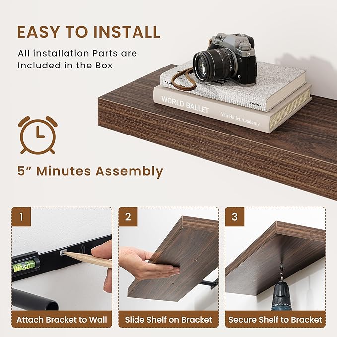 fuqing Floating Shelves for Wall, Wall Mounted Wood Floating Shelf with Invisible Brackets for Living Room, Bathroom, Bedroom, Kitchen Storage and Decor, 6.5 Inch Set of 3, Walnut