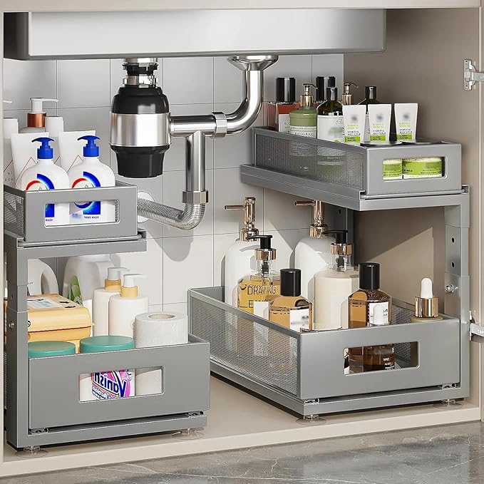 Corbyles 2 Pack 15.74IN-Depth Under Sink Organizer With Next-Gen Ball-Bearing Slides, 2-Tier Pull Out Cabinet Storage, Height Adjustable Drawer Shelf for Bathroom, Kitchen, Laundry, Cabinet, Pantry - Gun Gray