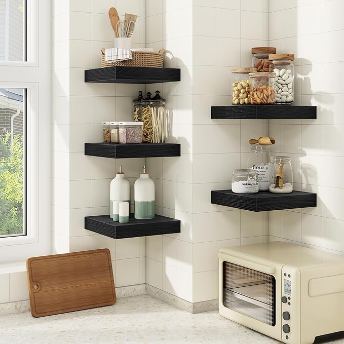 fuqing Floating Shelves for Wall, Wall Mounted Wood Floating Shelf with Invisible Brackets for Living Room, Bathroom, Bedroom, Kitchen Storage and Decor, 6.5 Inch Set of 3, Black