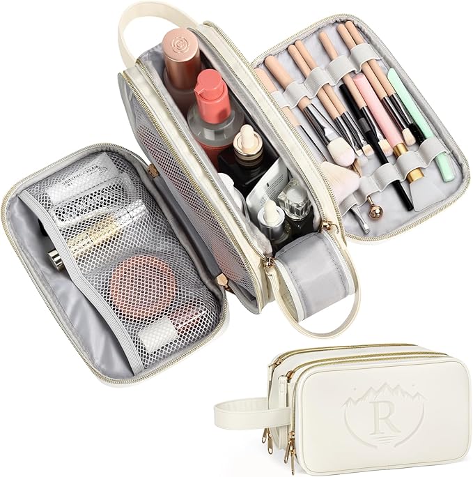 Travel Toiletry Bag for Women,Toiletry Bags for Traveling Womens Leather,Compartments Make up Bags for Women,Cosmetic pouch Organizer,White- R
