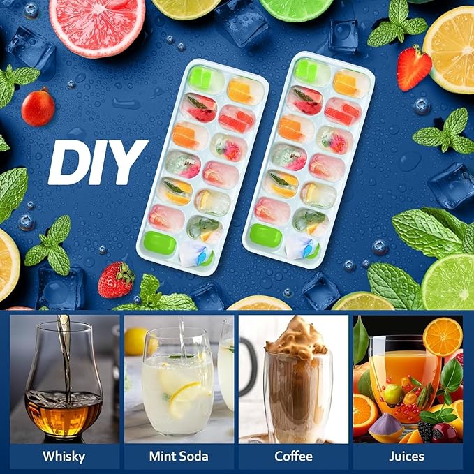 56pcs Ice Cube Tray with Lid and Bin – Stackable 4 Trays Silicone Plastic Freezer Mold, Large Ice Bucket with Scoop, Tong & 2 SS Straws – Easy Release Ice Maker for Cocktail, Coffee, RV, Whiskey