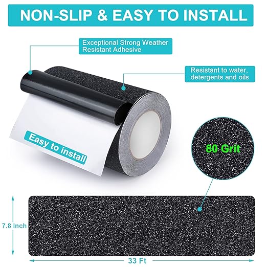 Qingluan Grip Tape, Anti Slip Tape Outdoor/Indoor Waterproof, Non Slip Tape for Stair Steps, Tread Staircases, Ramps, Skateboards (Black Tape, 7.8" x 33Ft)
