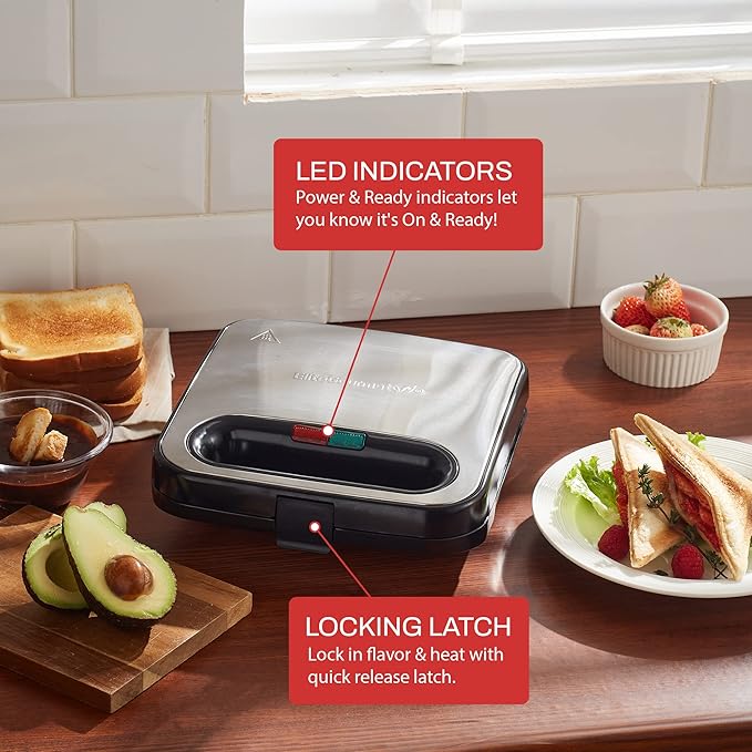Elite Gourmet ESM2207XSS Sandwich Panini Maker Grilled Cheese, Machine Tuna Melt Omelets Non-stick Cooking Surface, 2 Slice, 750 Watts, Stainless Steel