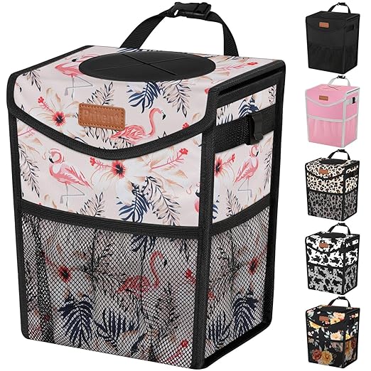 Pritent Car Trash Can with Lid, Cute Leakproof Car Trash Garbage Bag, Hanging Vehicle Trash Bin, Small Portable Automotive Garbage Cans Organizer for Back/Front Seat/Console (2.8 gal, Flamingo Print)