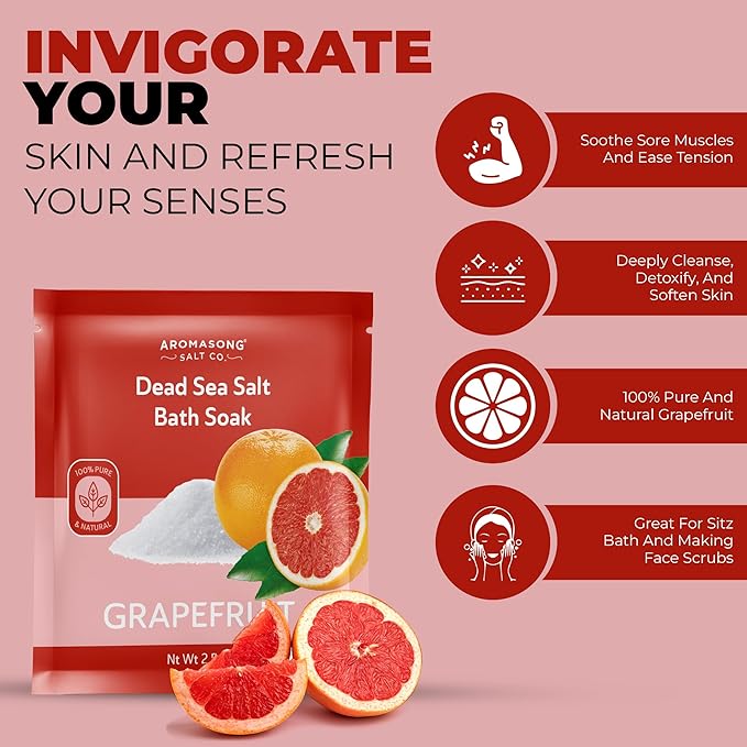 Aromasong Pure Dead Sea Salt 100% Natural Grapefruit Essential Oil – 2.5 oz. Spa Bath Salt Fine Grain- Christmas Stocking Stuffers for Adults, Kids, Women, and Mens soak Stocking Stuffers for Adults