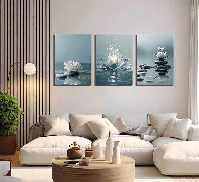 3Pcs Zen Stones Lotus Spa Canvas Wall Art White Lotus Blooming on Stones Painting Picture Wall Decor Modern Spiritual Poster Print Artwork for Yoga Meditation Spiritual Room Bathroom Home Decoration