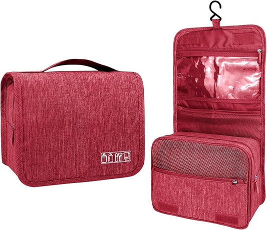 Lcsmaokin Large Capacity Toiletry Bag Travel Bag with Hanging Hook for Men and Women Waterproof Travel Cosmetic Bag Bathroom Storage Bag for Brushes Set, Full-Sized Shampoo, Toiletries, Wine Red