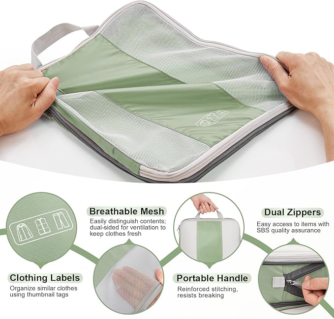 10-Piece Compression Packing Cube Set for Travel Essentials, Compressible and Expandable Packing Cubes for Suitcases, OlarHike Luggage Organizer Bags for Travel, Handy Helper for Organizing Clothes (Matcha Green)