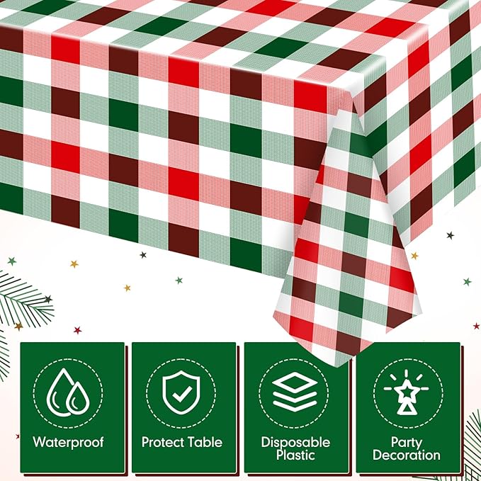 Ganeen 3 Pcs Christmas Buffalo Plaid Tablecloths Disposable Plastic Red and Green Checkered Table Cloths Waterproof Rectangle for Winter Christmas New Year Holiday Party Decor, 54 x 108 Inch