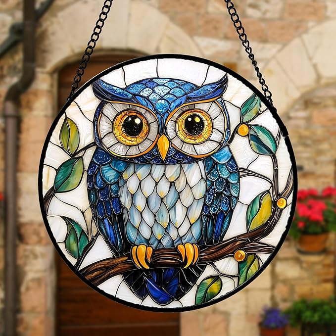 Stained Glass Window Hanging, Owl Gifts for Women Sun Catchers Diamond Glass Panel Hangings Birds Suncatcher Decor for Birthday for Women, Men, Wife, Aunt, and Mom 9.8 in
