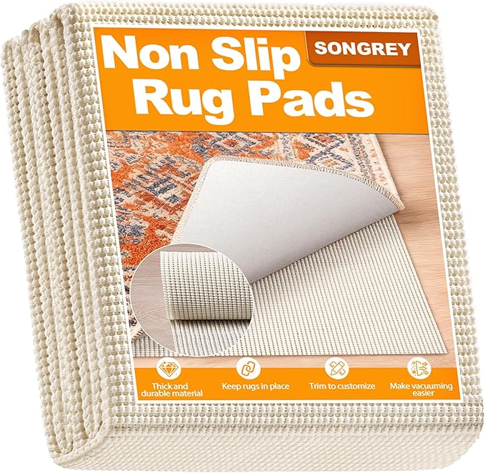 Songrey Non-Slip Rug Pad 2.5x14 FT, Extra Thick Carpet Pads for Hard Surfaces, Prevents Sliding and Secures Rugs, Provides Floor Protection with Comfort Cushioning