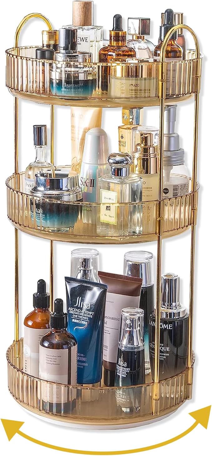 360 Rotating Makeup Organizer for Vanity, 3 Tier Large Capacity Vanity Storage, Skincare Perfume Spinning Organizer, Bathroom Cosmetics Storage Makeup Stand Organizer (Gold-3 Tier)
