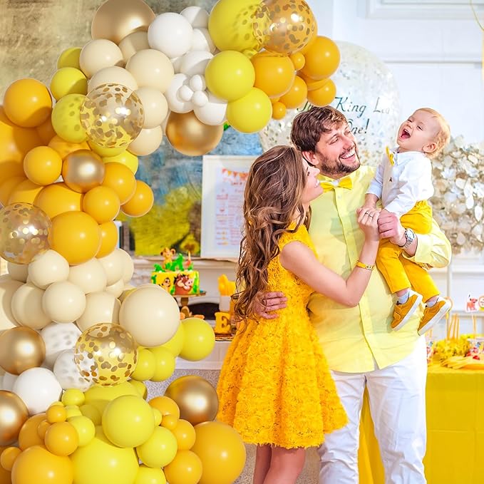 Ouddy Party Yellow Gold Balloons Arch Garland Kit, Different Sizes 18 12 10 5 Inch Mustard Pastel Yellow White Latex Metallic Confetti Balloon for Sunflower Bee Baby Shower Birthday Party Decorations