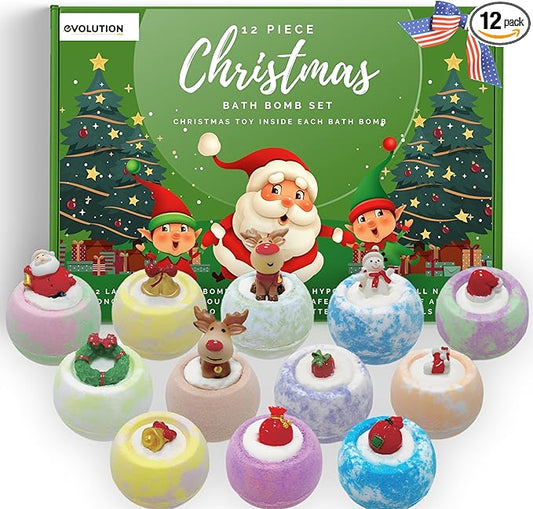 EvolutionUSA - Christmas Bath Bombs for Kids, Holiday Bath Bombs with Surprise Inside, Perfect Christmas Stocking Stuffers or Festive Holiday Bathombs Set, Natural & Hypoallergenic Bath Ball Set
