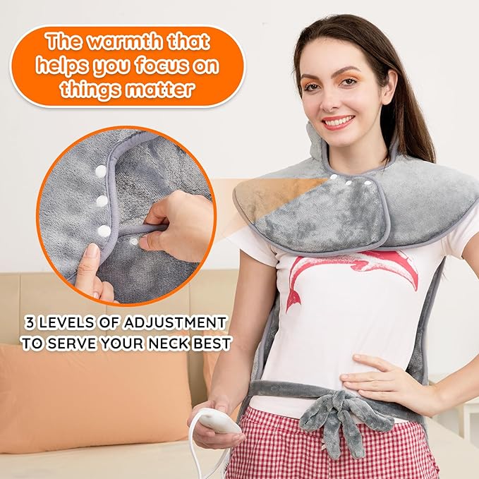 Mia&Coco Heating Pad for Neck Shoulders and Back, XL 23"x39" Soft Flannel Wrap, Waist Strap, Fast Heat Hot Therapy 6 Heat Settings, Auto-Off Timer, Machine Washable, Grey