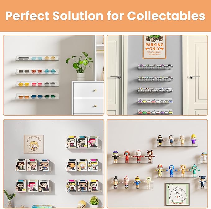 upsimples Acrylic Shelves for Bathroom Storage, 15" Floating Shelves Wall Organizer for Perfume, Makeup, Skincare, Kids Bookshelf for Bedroom, Nursery, Living Room Decor, Clear, 4 Pack
