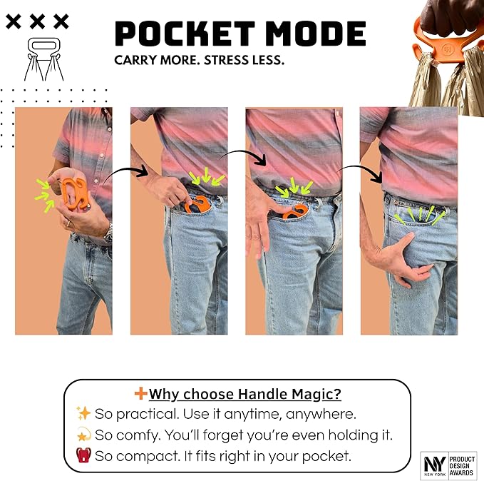 Handle Magic - (2 Units) Bag Carriers | Ergonomic Grip and Bag Holder | Pocket Size | Lightweight & Comfortable for Shopping & Travel - Made in USA (Blazing Orange)