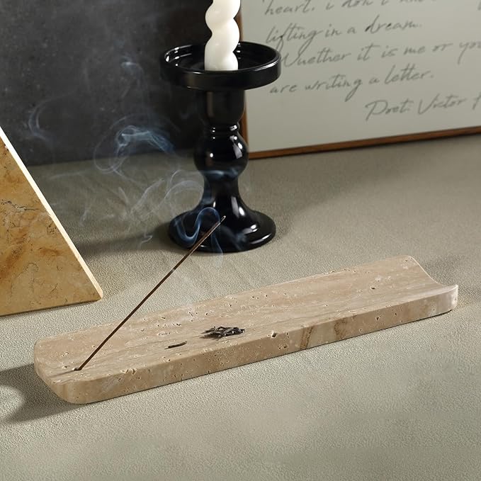 Koville Travertine Incense Holder, Incense Holder for Sticks, Long Incense Sticks Holder Ash Catcher for Meditation Yoga SPA, Natural Stone Incense Burner, Home Table Decor(Beige)