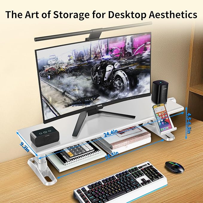 NIFBANG Computer Monitor Stand Riser for Desk, 4.5-6.3 Inches Freely Height Adjustable with Cellphone Holder, Multi-Purpose Desktop Organizer Monitor Stands Riser for Computer, Laptop, Printer, TV (White)