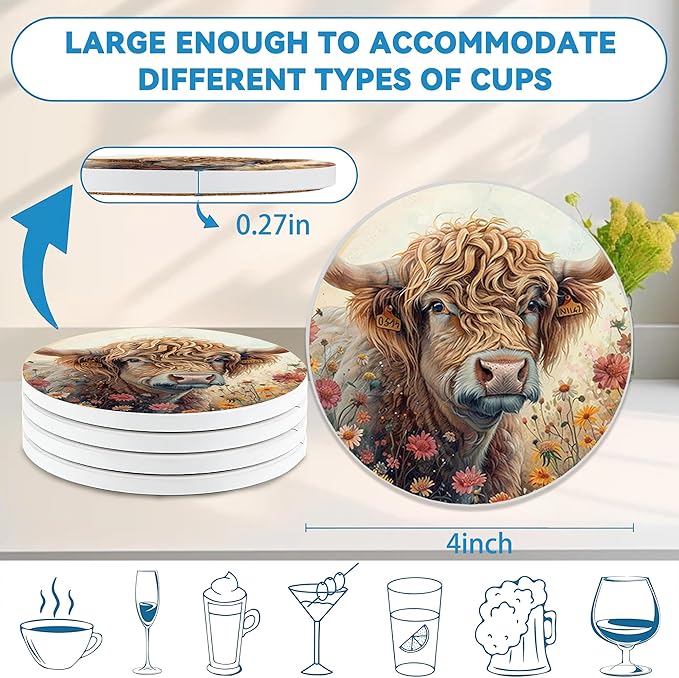 Drinks Coasters Set of 4, Highland Cow Wildflowers Round 4" Cup Coasters, Absorbent Ceramic Stone Coasters with Cork Base, Cute Coasters for Table Home Décor, Ideal Gifts for Women Men