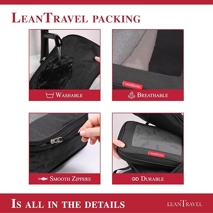LeanTravel 압축 여행용 정리 팩킹 큐브 (이중 지퍼, 3팩 (2L+1M), 블랙)