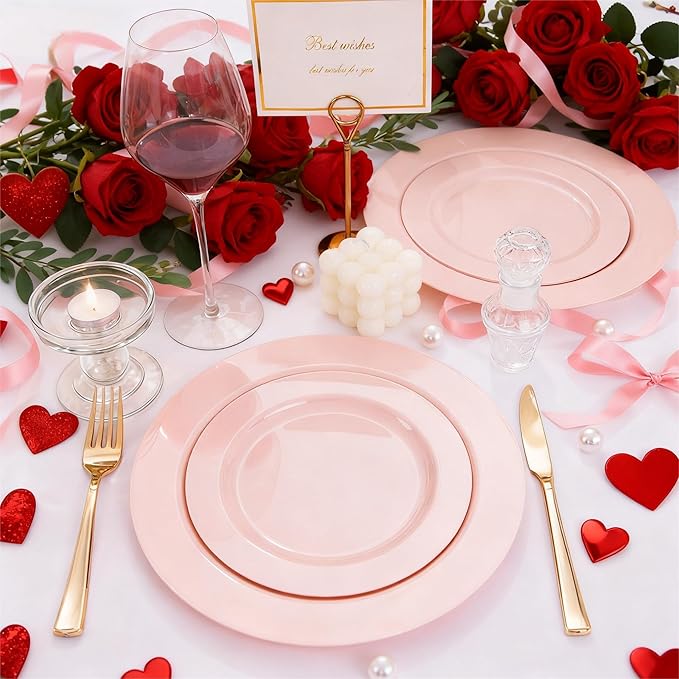 FLOWERCAT 60PCS Pink Plastic Plates - Heavy Duty Pink Disposable Plates for Easter Party & Valentine's Day/Wedding - Serving 30 Guests, Includes 30PCS 10.25inch & 30PCS 7.5inch