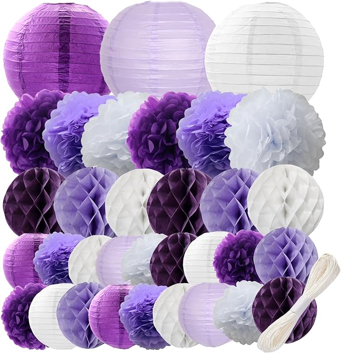 WOLHOWLTD Lavender White Paper Decoration Set - 33Pcs Paper Lanterns Pompoms Honeycomb for Wedding,Engagement,Mermaid Theme,Mother's Day,Bridal Shower,Birthday Home Garden Decoration(Purple White)