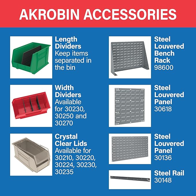 Akro-Mils 30210 AkroBins Plastic Storage Bins, Space-Saving Stackable Bins for Garage, Pantry, Craft Organization, 5-" x 4-" x 3-", Clear, 24-Pack