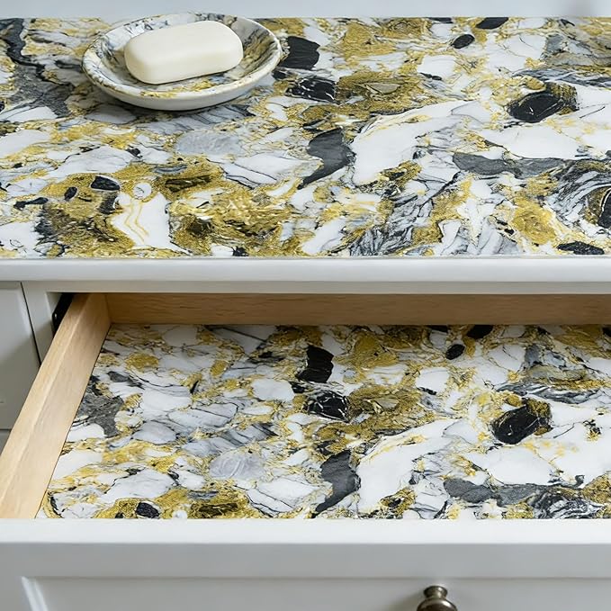 Drawer and Shelf Liner - Yellow Black Marble Pattern,Non Adhesive Non Slip Waterproof Easy-Clean Liner for Kitchen Cabinet, Refrigerator, Bathroom, Pantry Storage Drawers, 17 in x 30 Ft