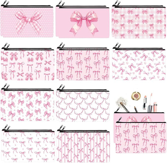 Reginary 20 Pieces Pink Bow Cosmetic Bag for Women, Roomy Pink Bow Makeup Bags with Zipper Toiletry Bag Pouch Travel Accessory Organizer Valentine's Day Gifts, 7 x 4.3 Inches