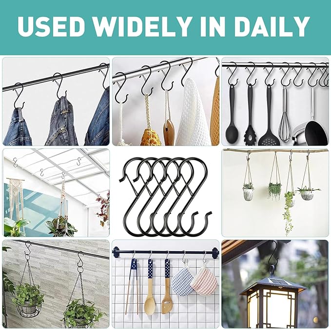 Navona 60 Pcs S Hooks for Hanging Heavy Duty, 3.5-inch Heavy Duty Metal S Hook with Safety Buckle, Suitable for 0.5 inch Rods, S Hook for Hanging Plants, Closet, Kitchen Utensil, Pot, Pan, Bags