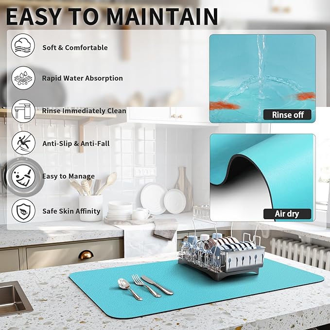 HotLive Dish Drying Mat for Kitchen Counter, Heat Resistant Drainer Mats with Non-slip Rubber Backing, Stain Hiding Kitchen Super Absorbent Draining Mat, Easy to Clean Dish Rack Pad, Teal 18"x24"
