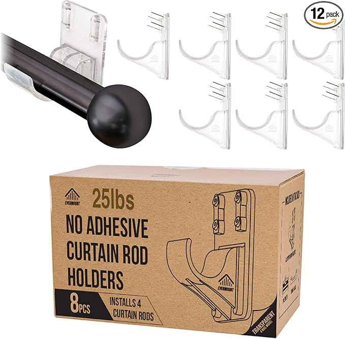 No Adhesive Heavy Duty Curtain Rod Holders with Wide Hook, 5X Stronger Than Adhesive Curtain Rod Hooks,Tension Curtain Rod Bracket for Wall with Pin Guide, Curtain Wall Mount (8 Pack, for 1.25" Rods)
