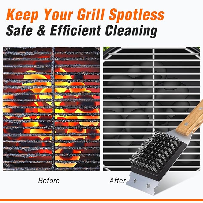 SIMPLETASTE Grill Brush and Scraper for BBQ, Durable & Effective, Replaceable Stainless Steel Head, Wooden Handle Wire Grill Brush for Outdoor Grill, Barbecue Accessories