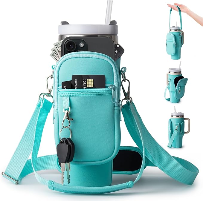 linmaya Water Bottle Carrier Bag for Stanley Cup 40/30oz with Phone Holder Pockets, Neoprene Water Bottle Cross-body Bag with Adjustable Shoulder & Hand Strap Stanley Cup Accessories
