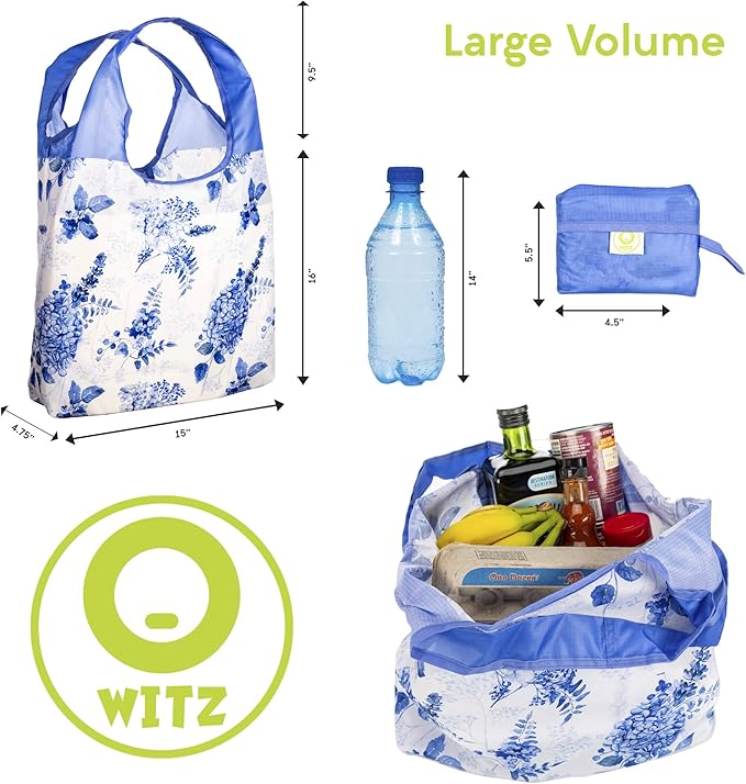 O-WITZ Reusable Grocery Bags | Vibrant Tote Bag For Groceries, Gym, Office, Beach, Toys & More | Washable Design With Large Handles For Maximum Convenience | Folds Into A Small Pouch, Vintage Blue