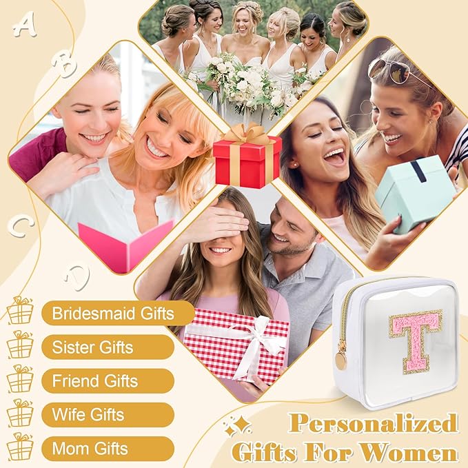 Personalized Initial Letter Clear Preppy Makeup Bag, Mini Nylon Chenille Letter Cosmetic Bag, Cute Zipper Pouch Purse for Teen Girls, Portable TSA Approved Beach Travel Essentials Bag, Gift for Women, T