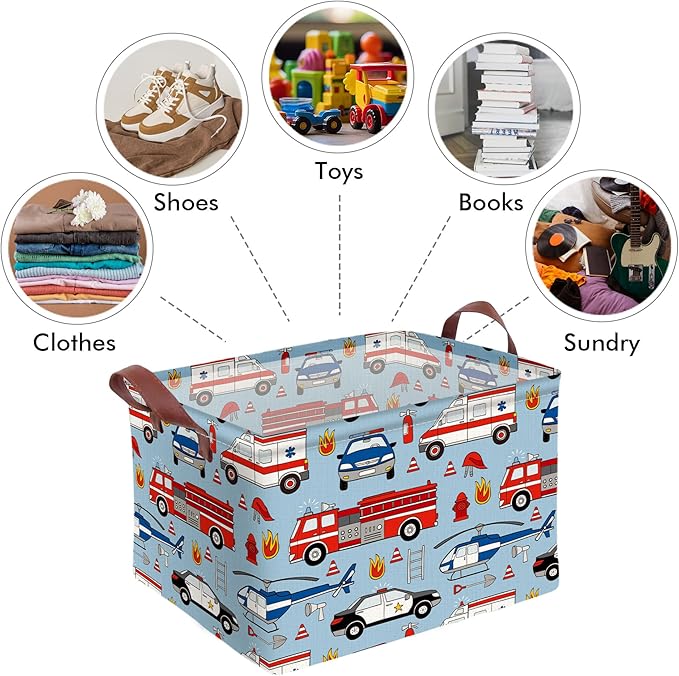 Police Car Storage Basket Waterproof Canvas Toy Storage Bin Fire Truck Car Room Decor Collapsible Outdoor Basket with Leather Handles Funny Decor Blanket Baskets For Closets,Bedrooms,Gifts Baskets
