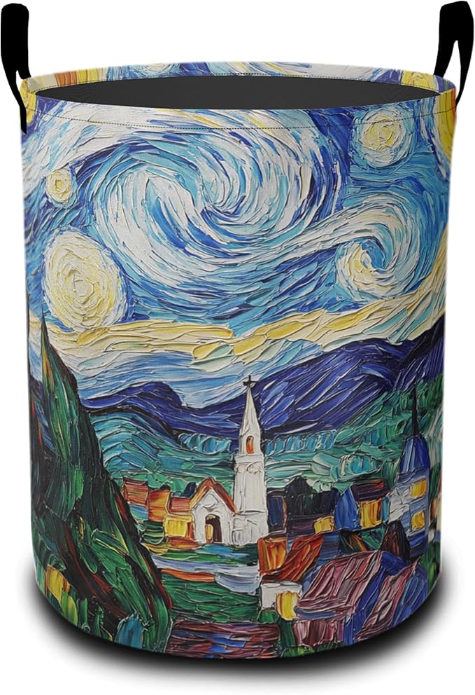 Retro Watercolor Village Laundry Basket-Large Foldable Hamper Holder Portable Tall Collapsible Laundry Hamper Storage Basket Bin with Handles, Canvas & Waterproof lining for Household Items