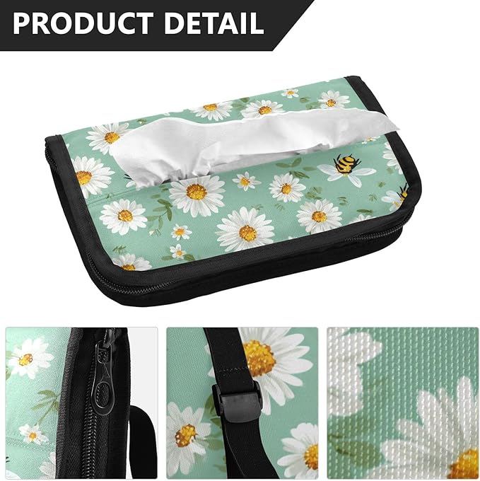 Car Tissue Holder Car Napkin Holder Car Tissue Box Dispenser Storage Case Sun Visor Mask Holder with Adjustable Straps Reusable Refillable Mint Green Daisy Flowers and Bees