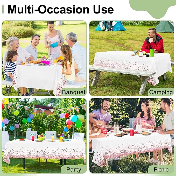 misaya 4 Packs Dot Disposable Table Cloth, 54 x 108 Inch Waterproof Plastic Tablecloth, Rectangle Pink Dots in White Table Covers for Mother's Day, Picnic, Birthday, Party