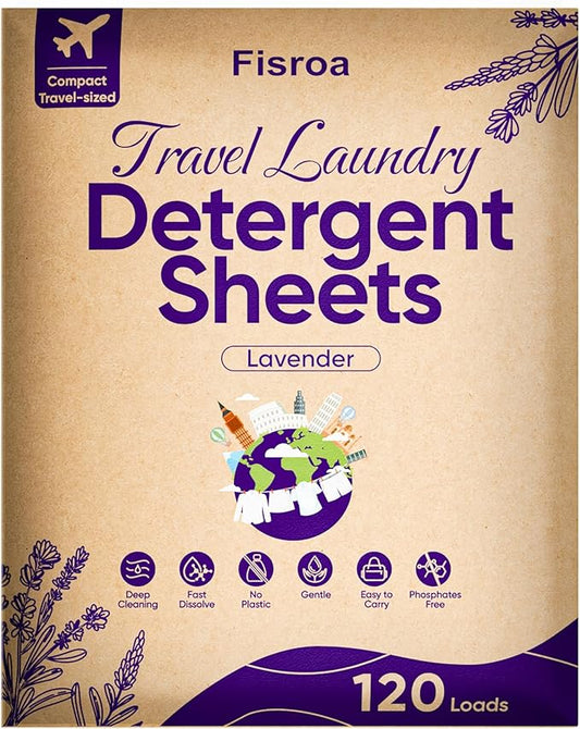 Travel Laundry Detergent Sheets Fisroa 120 Loads Eco-friendly Washing Detergent Sheets Plastic-Free Lavender Liquidless Laundry Strips for Camping Dorm