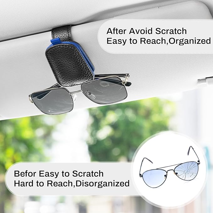 SINGARO Sunglasses Holder for Car, Leather Magnetic Buckle Sun Visor Sunglass Clip, Ticket Card Storage Glasses Clip, Car Interior Accessories for Men and Women（Black-Blue）